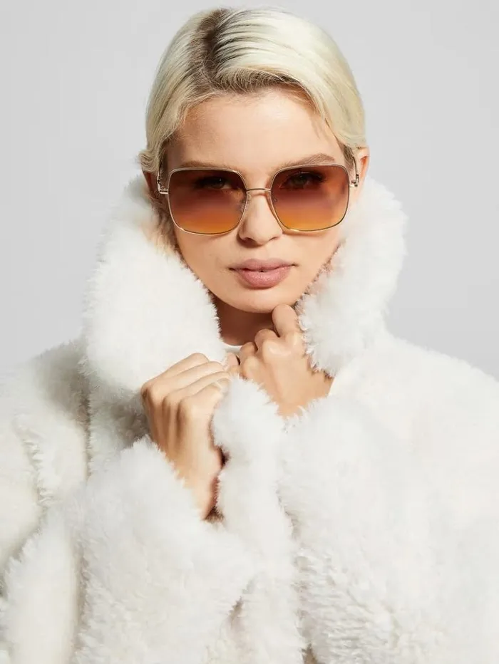 Women GUESS Sunglasses Oversized Square G Metal Sunglasses Tortoise