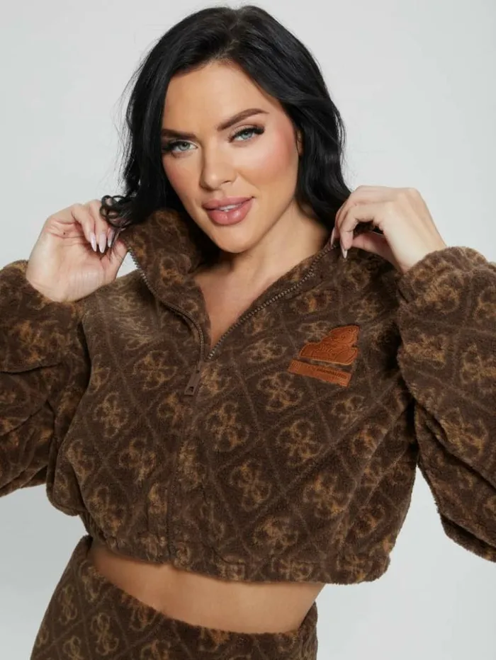 Women GUESS Sweaters and Knits Bunny Patch Sherpa Fleece Zip Jacket 4g Macro Dark Brown Women GUESS Sweaters and Knits Bunny Patch Sherpa Fleece Zip Jacket 4g Macro Dark Brown