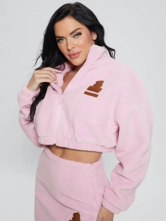 Women GUESS Sweaters and Knits Bunny Patch Sherpa Fleece Zip Jacket Spring Flower Pink Women GUESS Sweaters and Knits Bunny Patch Sherpa Fleece Zip Jacket Spring Flower Pink