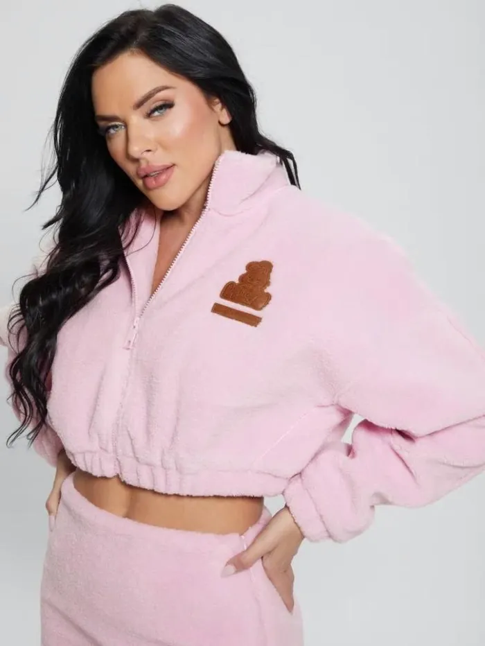 Women GUESS Sweaters and Knits Bunny Patch Sherpa Fleece Zip Jacket Spring Flower Pink Women GUESS Sweaters and Knits Bunny Patch Sherpa Fleece Zip Jacket Spring Flower Pink