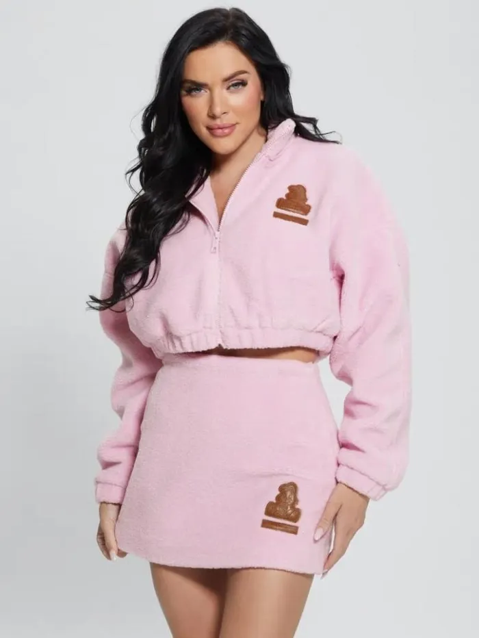 Women GUESS Sweaters and Knits Bunny Patch Sherpa Fleece Zip Jacket Spring Flower Pink Women GUESS Sweaters and Knits Bunny Patch Sherpa Fleece Zip Jacket Spring Flower Pink