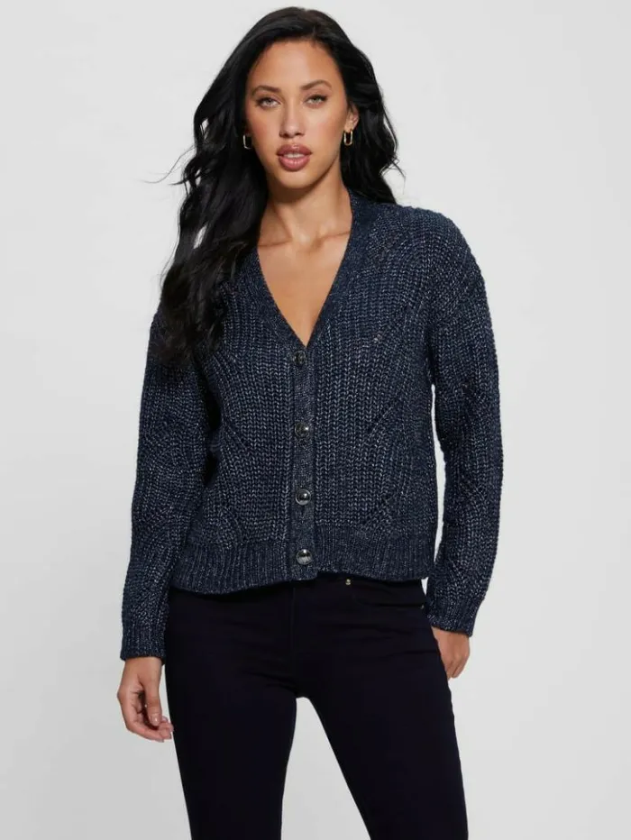 Women GUESS Sweaters and Knits Melanie Cardigan Sweater Blackened Blue Lurex