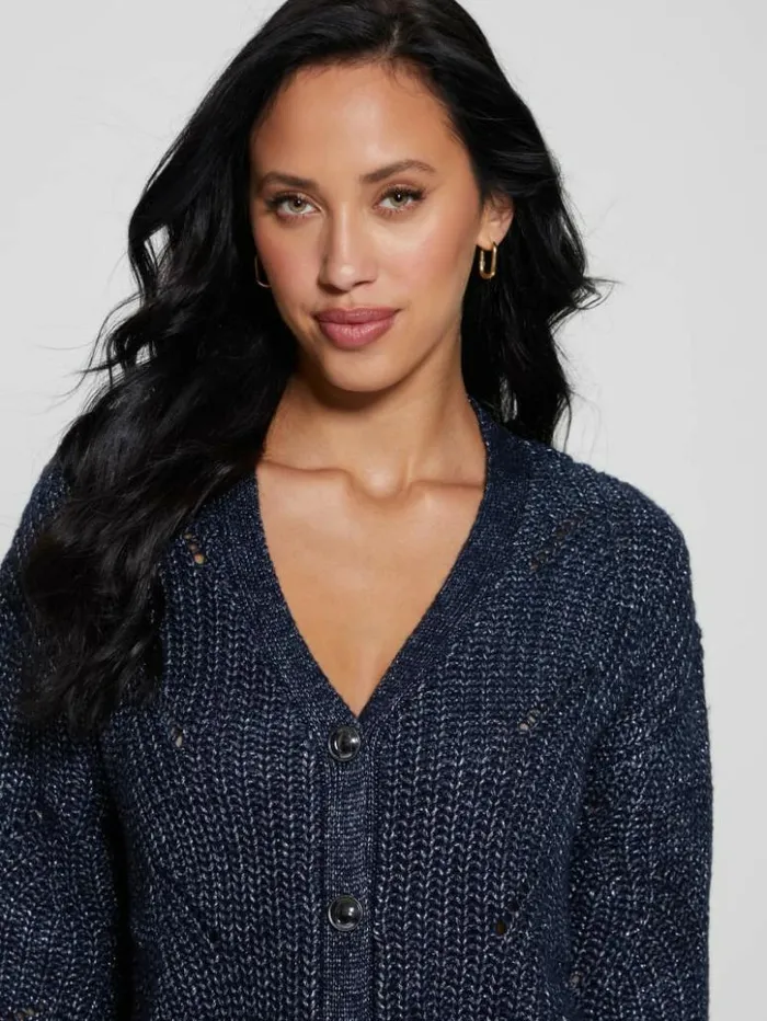 Women GUESS Sweaters and Knits Melanie Cardigan Sweater Blackened Blue Lurex Women GUESS Sweaters and Knits Melanie Cardigan Sweater Blackened Blue Lurex
