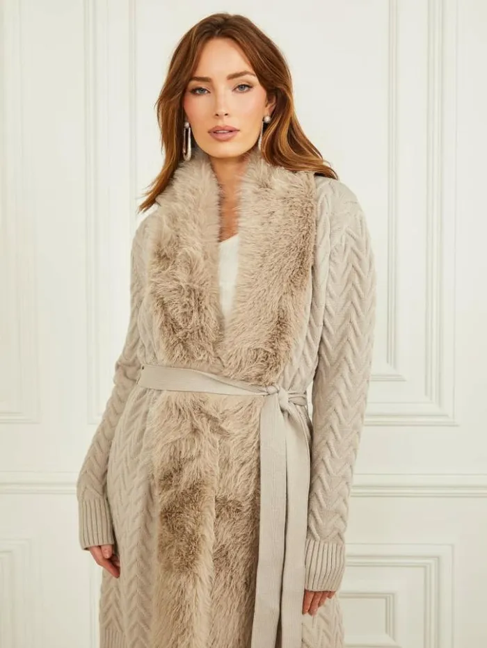 Women GUESS Sweaters and Knits Paula FauxFur Long Cardigan Sweater Fawn Taupe Women GUESS Sweaters and Knits Paula FauxFur Long Cardigan Sweater Fawn Taupe