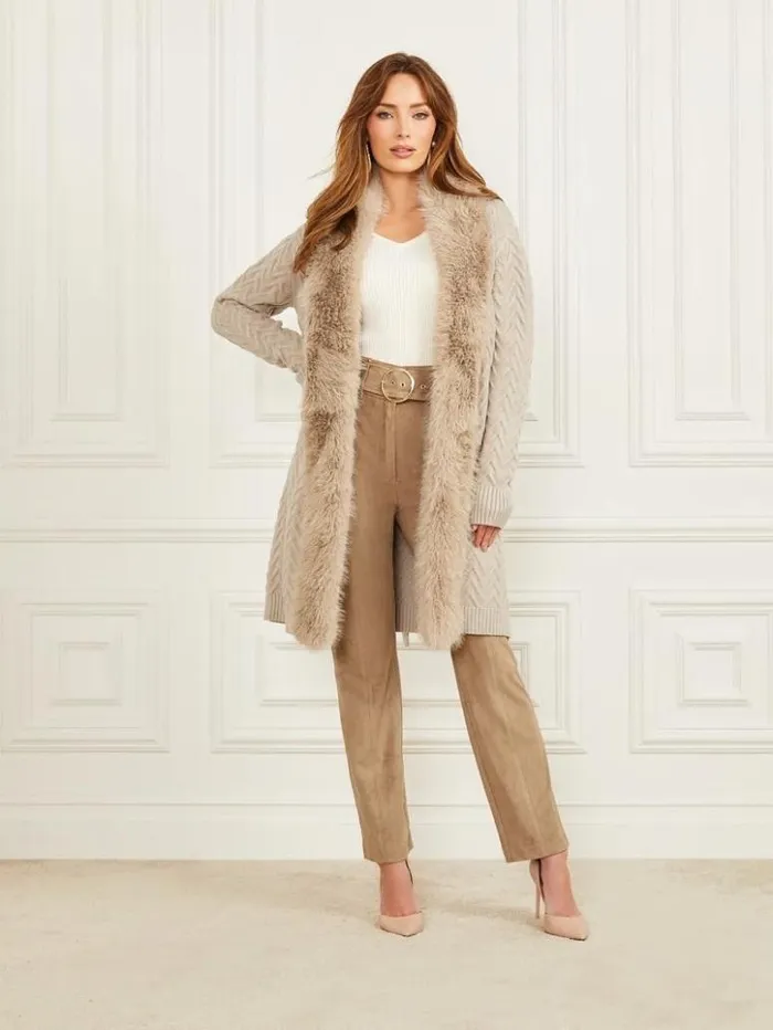 Women GUESS Sweaters and Knits Paula FauxFur Long Cardigan Sweater Fawn Taupe Women GUESS Sweaters and Knits Paula FauxFur Long Cardigan Sweater Fawn Taupe