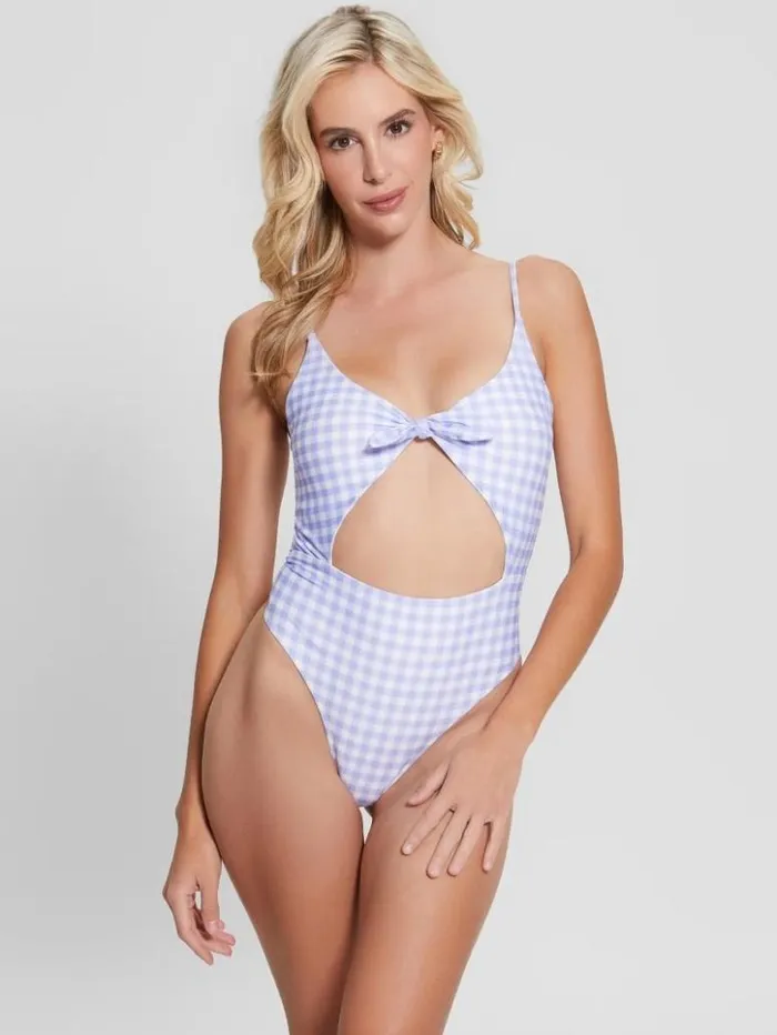Women GUESS Swimwear Eco Gingham OnePiece Swimsuit Small White Lavander Vich