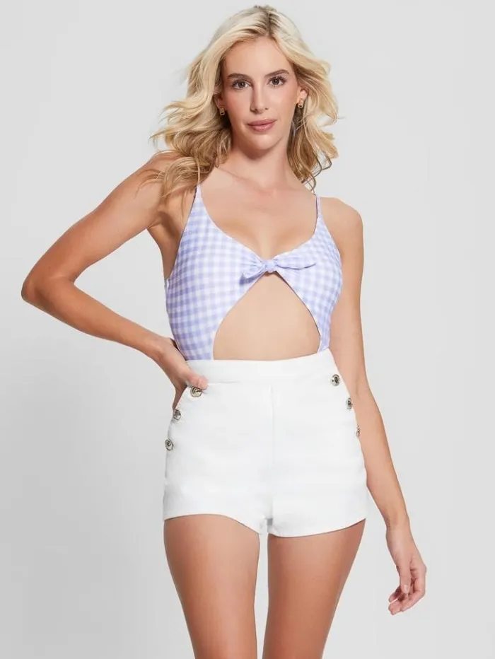 Women GUESS Swimwear Eco Gingham OnePiece Swimsuit Small White Lavander Vich Women GUESS Swimwear Eco Gingham OnePiece Swimsuit Small White Lavander Vich