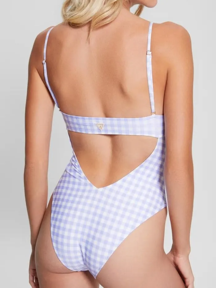 Women GUESS Swimwear Eco Gingham OnePiece Swimsuit Small White Lavander Vich Women GUESS Swimwear Eco Gingham OnePiece Swimsuit Small White Lavander Vich
