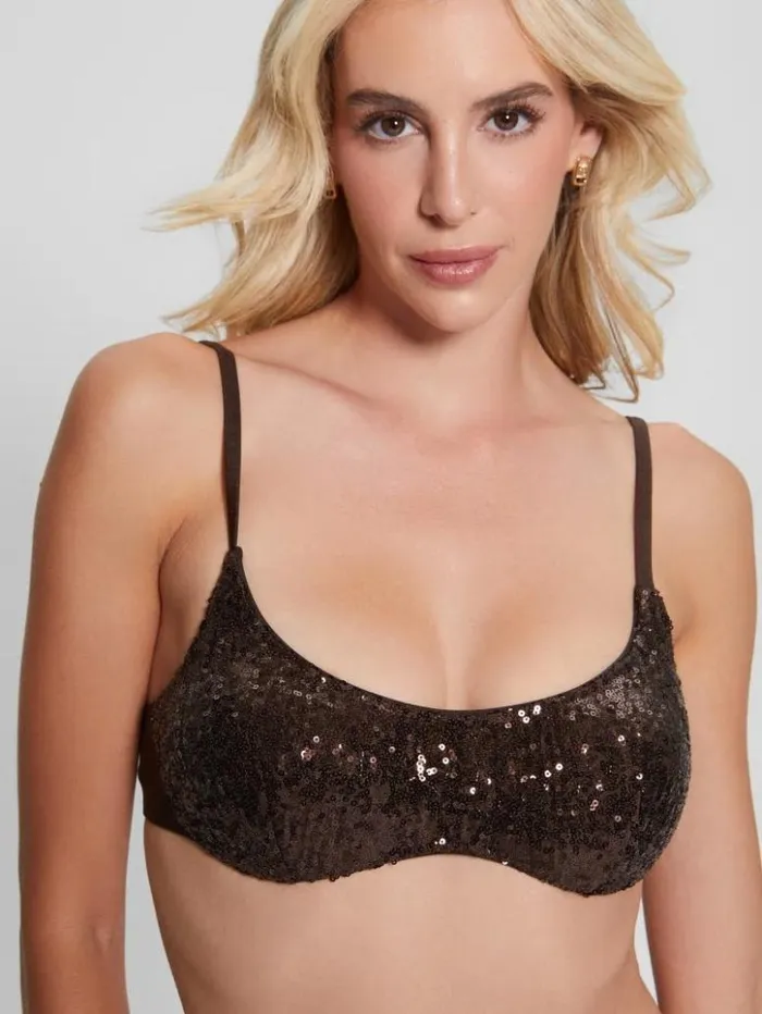 Women GUESS Swimwear Sequin Bralette Bikini Top Dark Auburn