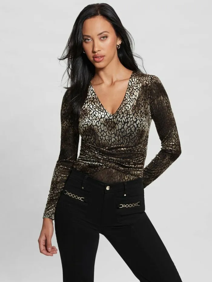 Women GUESS Tops Belinda Velvet Bodysuit Leo Dark Coffee