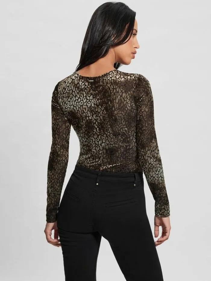 Women GUESS Tops Belinda Velvet Bodysuit Leo Dark Coffee