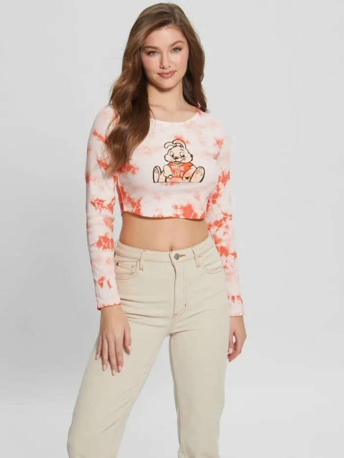 Women GUESS Tops Bunny Graphic TieDye Top Hello Peach Multi