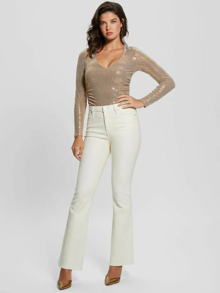 Women GUESS Tops Camille VNeck Bodysuit Gold Multi
