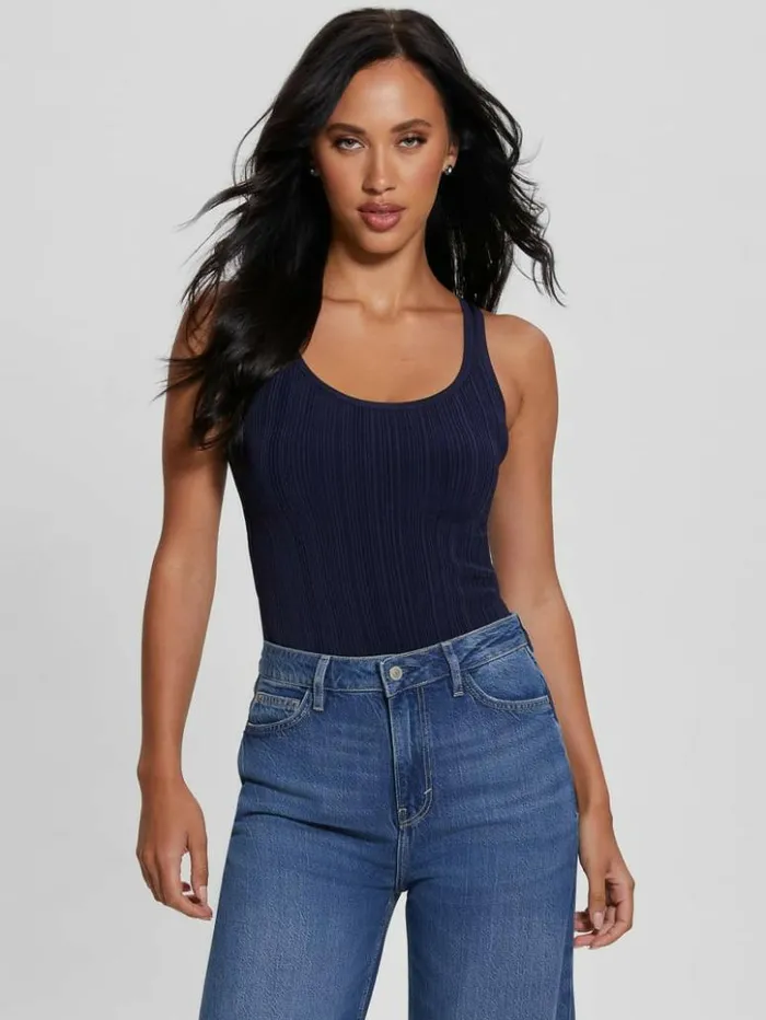 Women GUESS Tops Casie Lustrous Knit Tank Blackened Blue