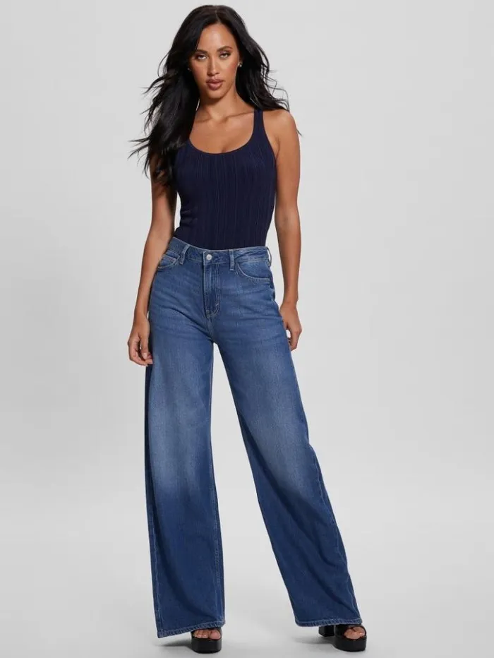 Women GUESS Tops Casie Lustrous Knit Tank Blackened Blue