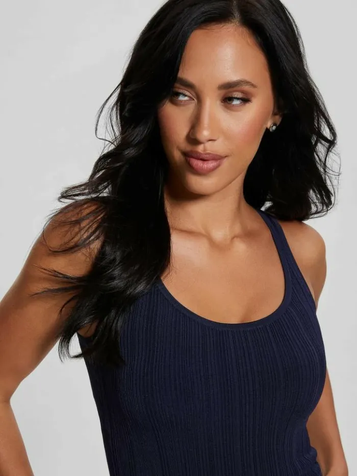 Women GUESS Tops Casie Lustrous Knit Tank Blackened Blue