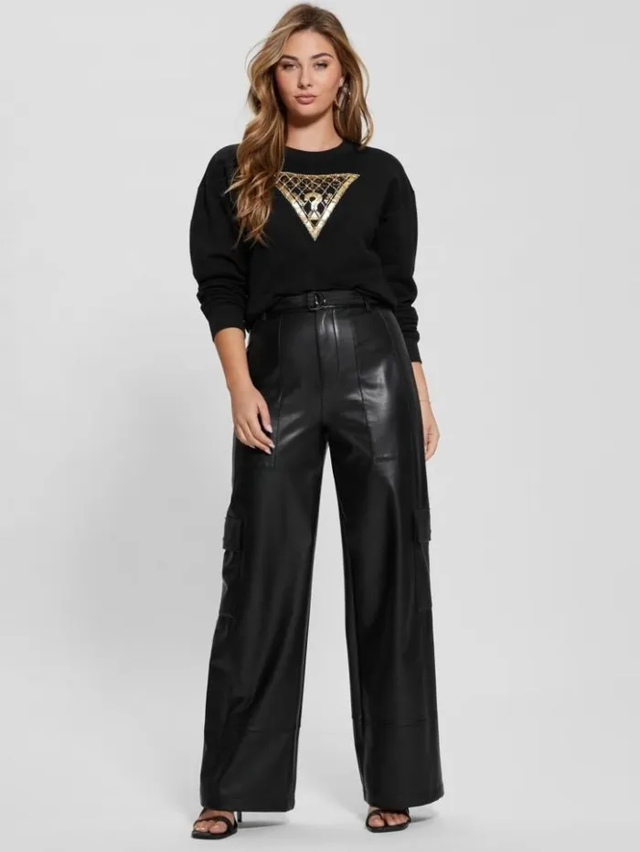 Women GUESS Tops Crystal Mesh Logo Sweatshirt Black