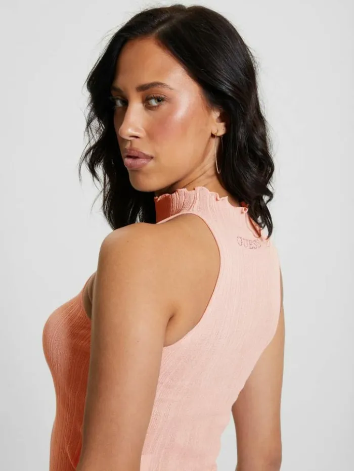 Women GUESS Tops Dahlia Mock Neck Crop Top Low Key Pink Lurex