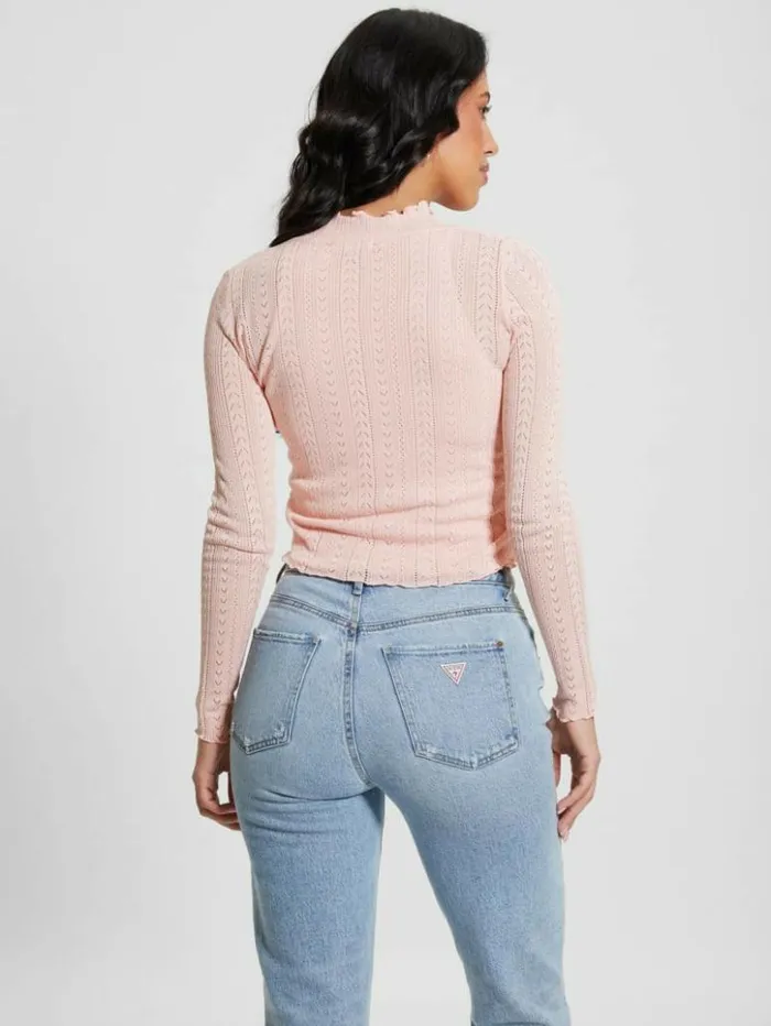 Women GUESS Tops Dahlia Mock Neck Crop Top Low Key Pink Lurex