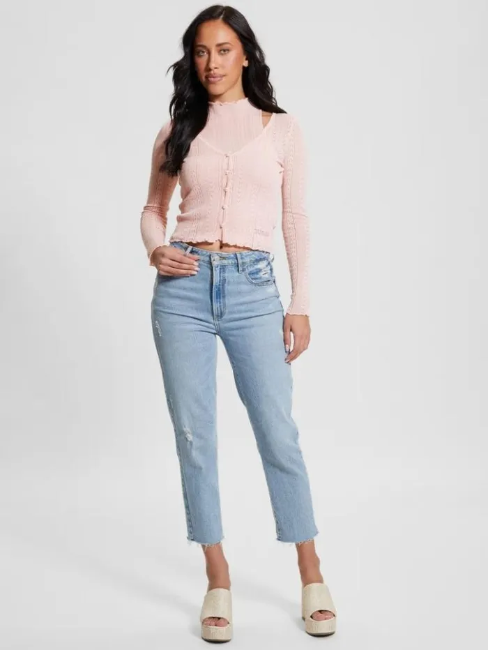 Women GUESS Tops Dahlia Mock Neck Crop Top Low Key Pink Lurex