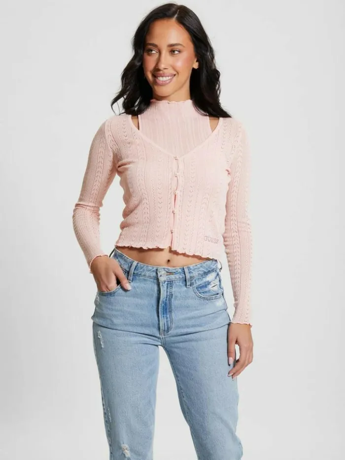 Women GUESS Tops Dahlia Mock Neck Crop Top Low Key Pink Lurex