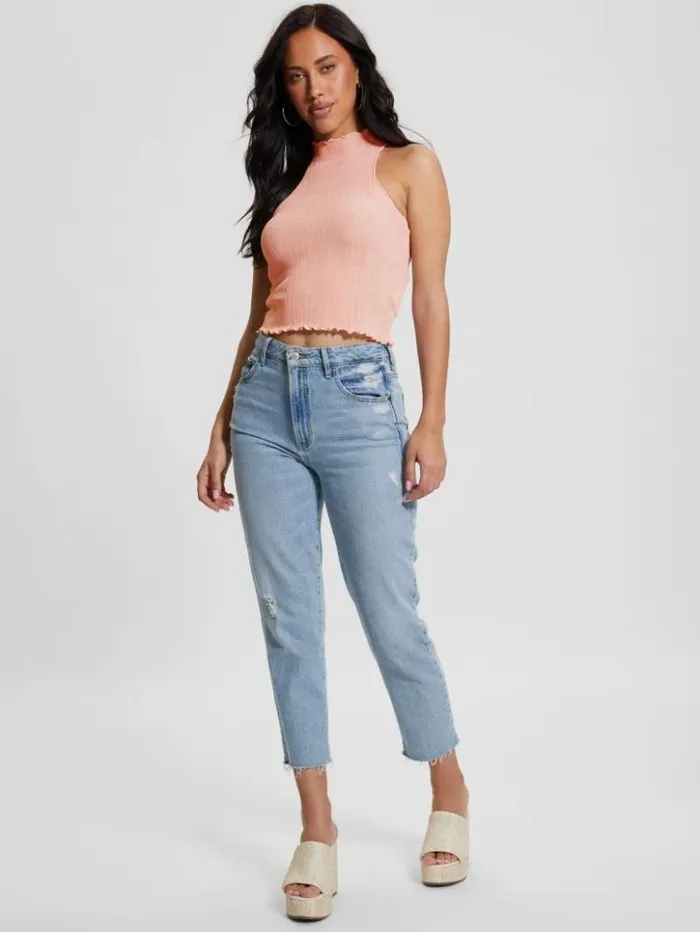 Women GUESS Tops Dahlia Mock Neck Crop Top Low Key Pink Lurex