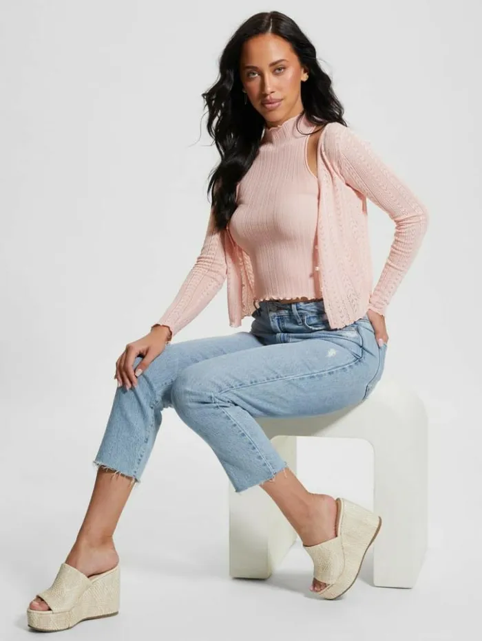 Women GUESS Tops Dahlia Mock Neck Crop Top Low Key Pink Lurex