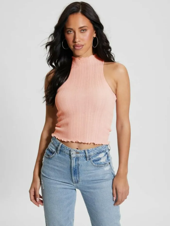 Women GUESS Tops Dahlia Mock Neck Crop Top Low Key Pink Lurex