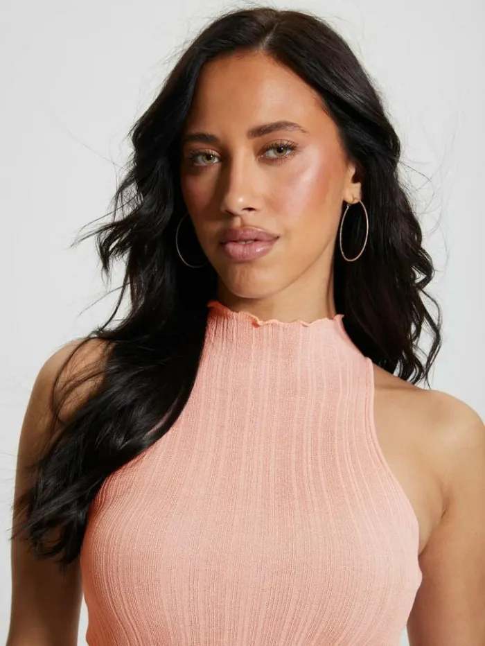 Women GUESS Tops Dahlia Mock Neck Crop Top Low Key Pink Lurex