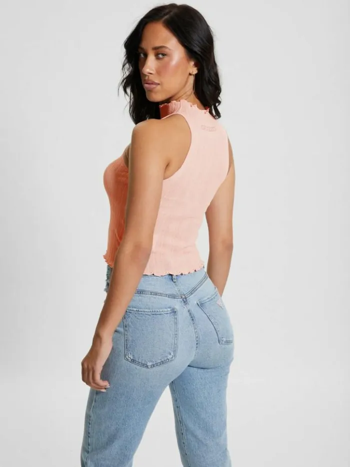 Women GUESS Tops Dahlia Mock Neck Crop Top Low Key Pink Lurex