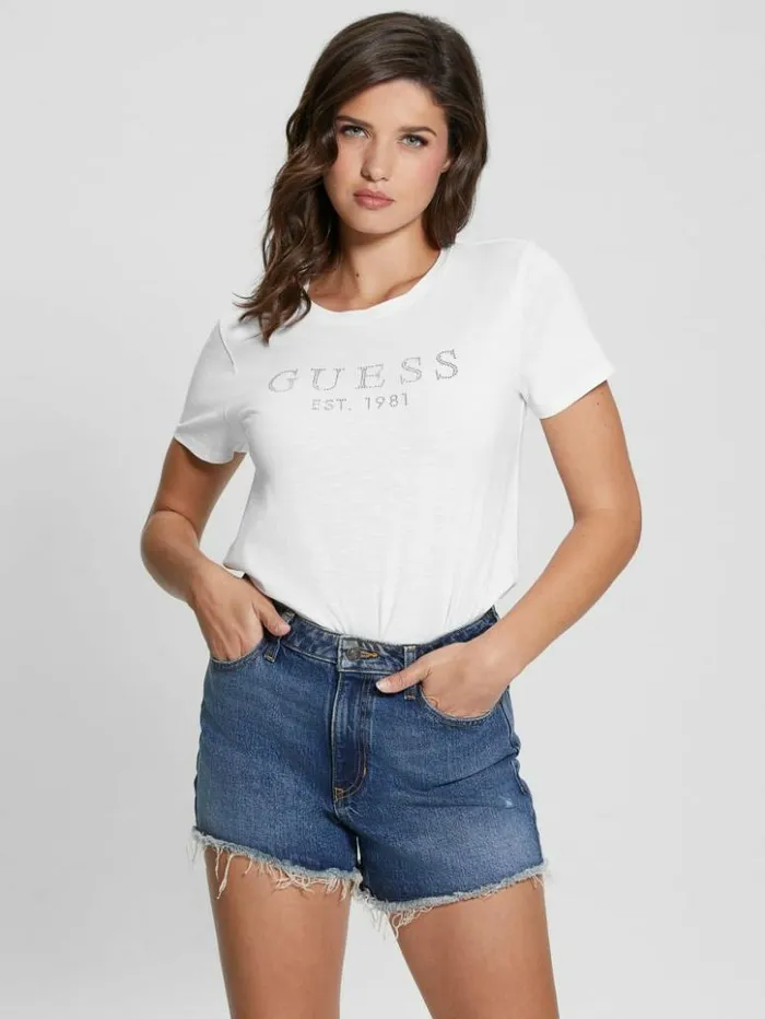 Women GUESS Tops Eco 1981 Crystal Logo Tee Pure White