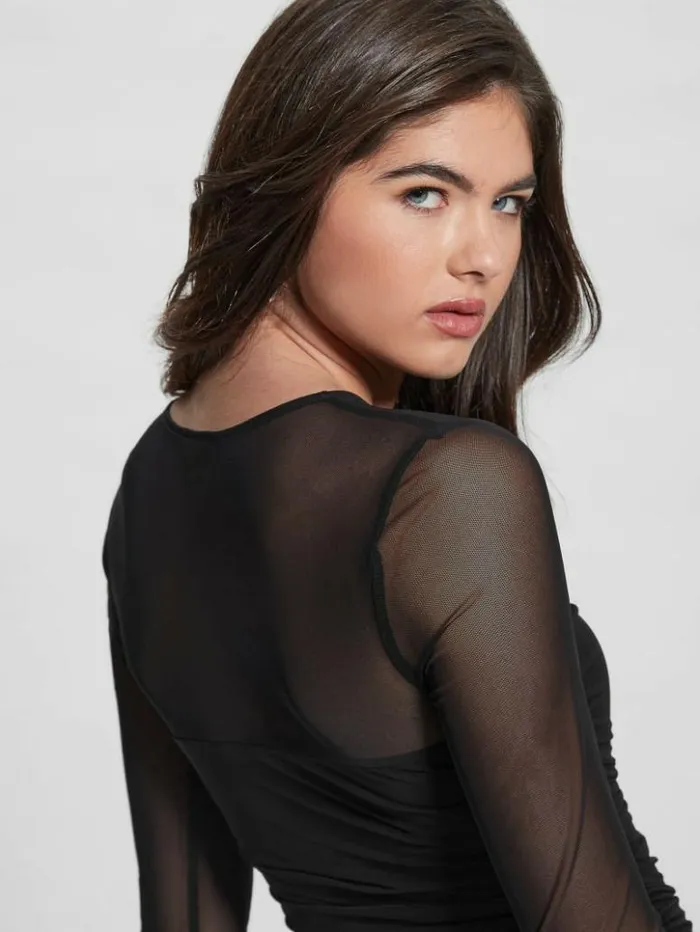 Women GUESS Tops Eco Brianne Mesh Bodysuit Black