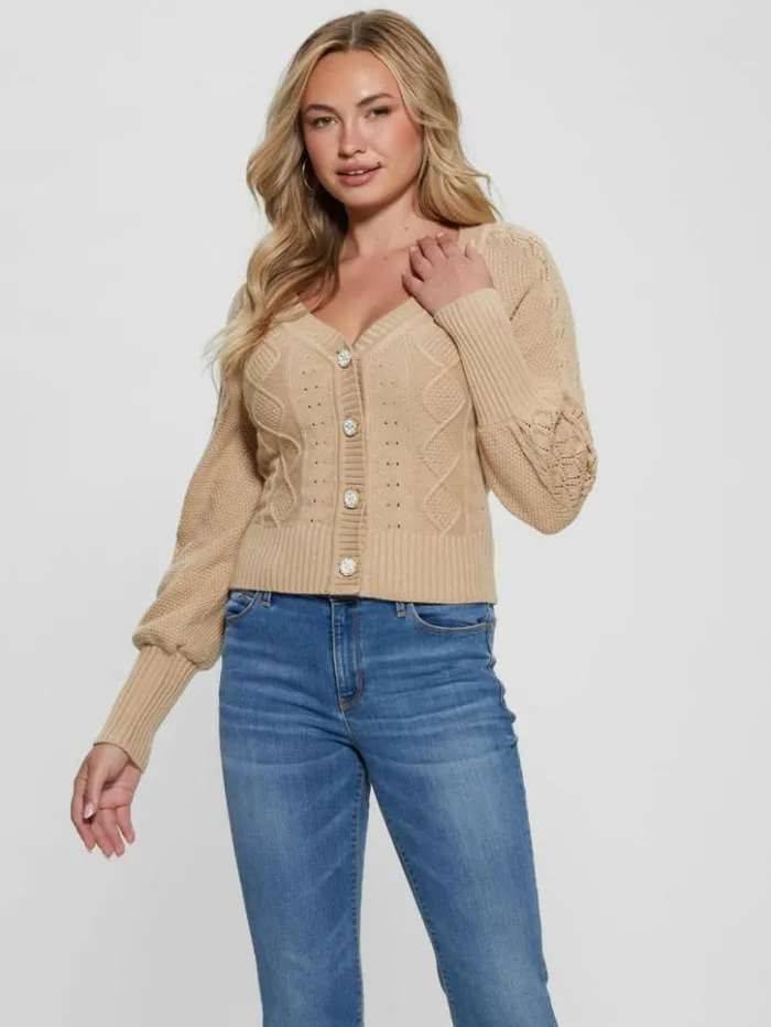 Women GUESS Tops Eco Brielle Cardigan Sweater Foamy Taupe