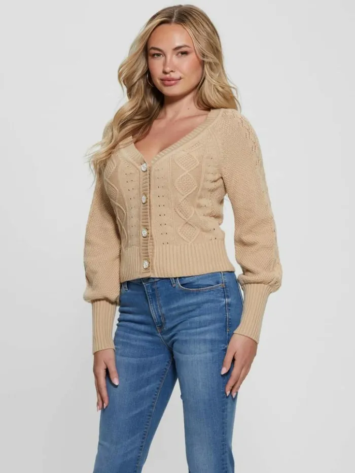 Women GUESS Tops Eco Brielle Cardigan Sweater Foamy Taupe