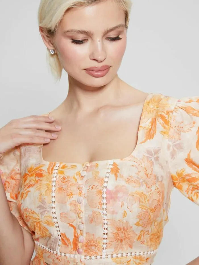 Women GUESS Tops Eco Cassandra Puffed Floral Crop Top Tangerine Bloom