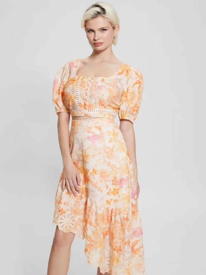 Women GUESS Tops Eco Cassandra Puffed Floral Crop Top Tangerine Bloom