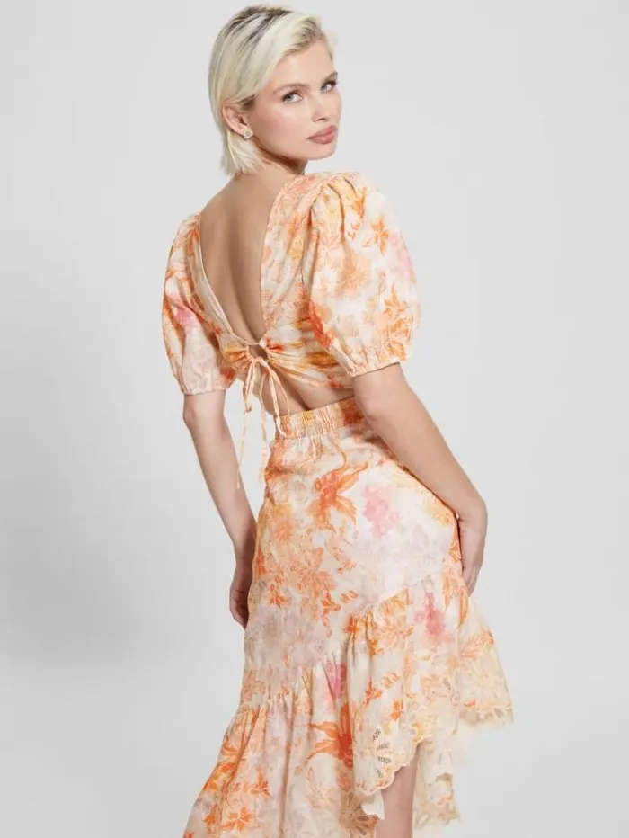 Women GUESS Tops Eco Cassandra Puffed Floral Crop Top Tangerine Bloom