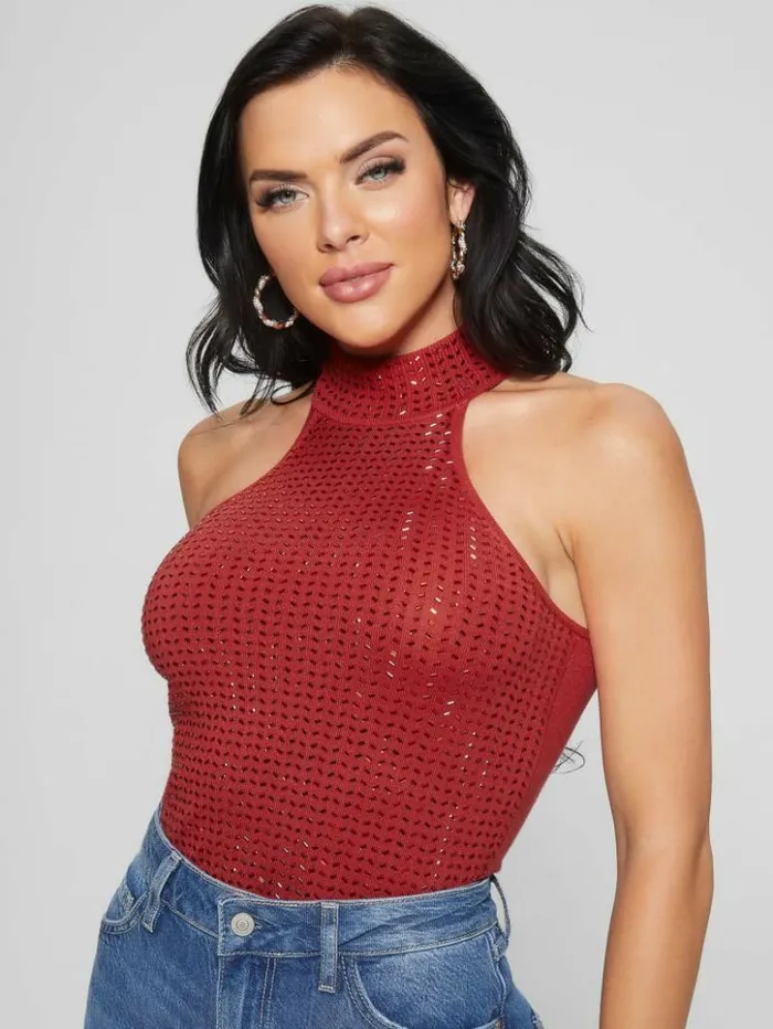 Women GUESS Tops Eco Celeste Mirror Sweater Top Chili Red