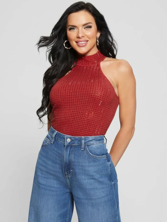 Women GUESS Tops Eco Celeste Mirror Sweater Top Chili Red