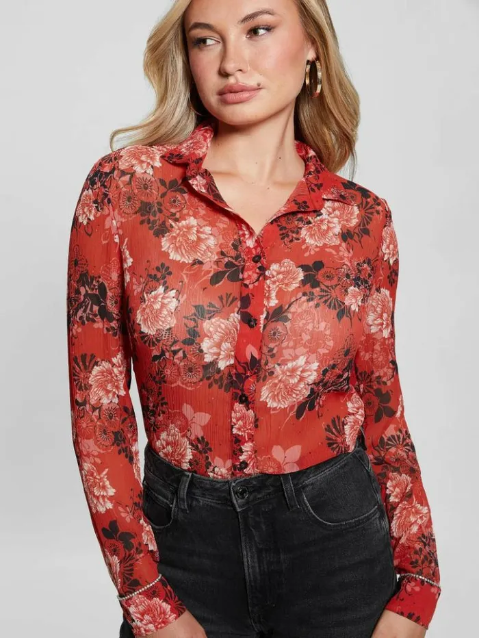 Women GUESS Tops Eco Clouis Embellished ButtonUp Top Call Me Cherry Print