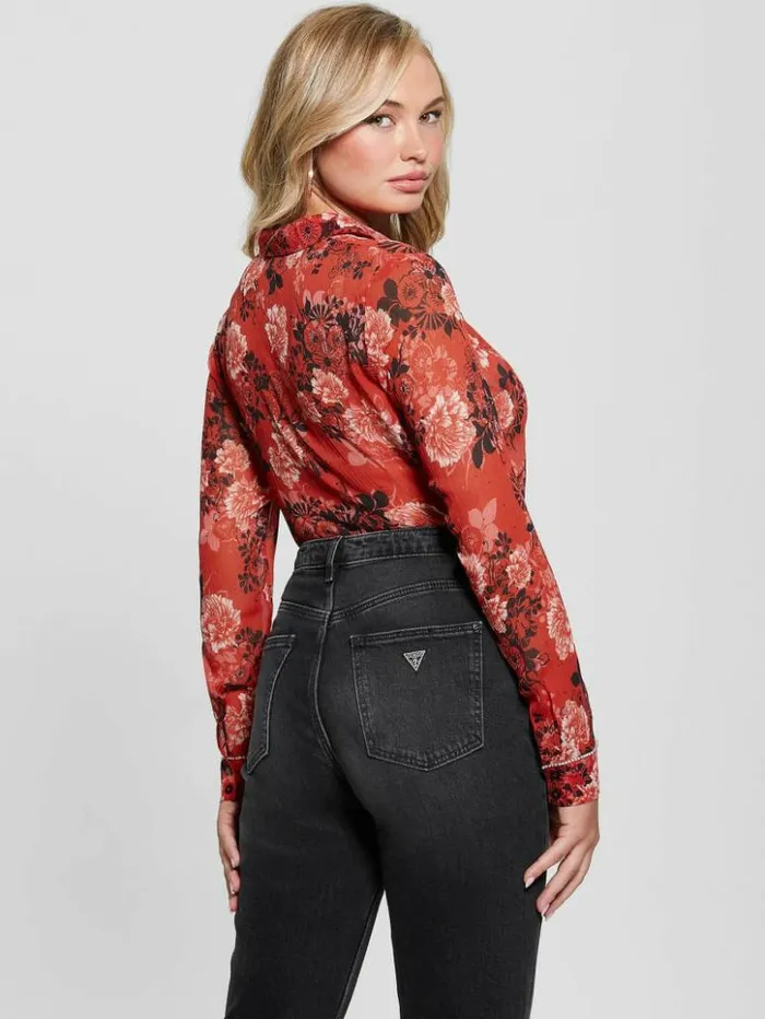 Women GUESS Tops Eco Clouis Embellished ButtonUp Top Call Me Cherry Print