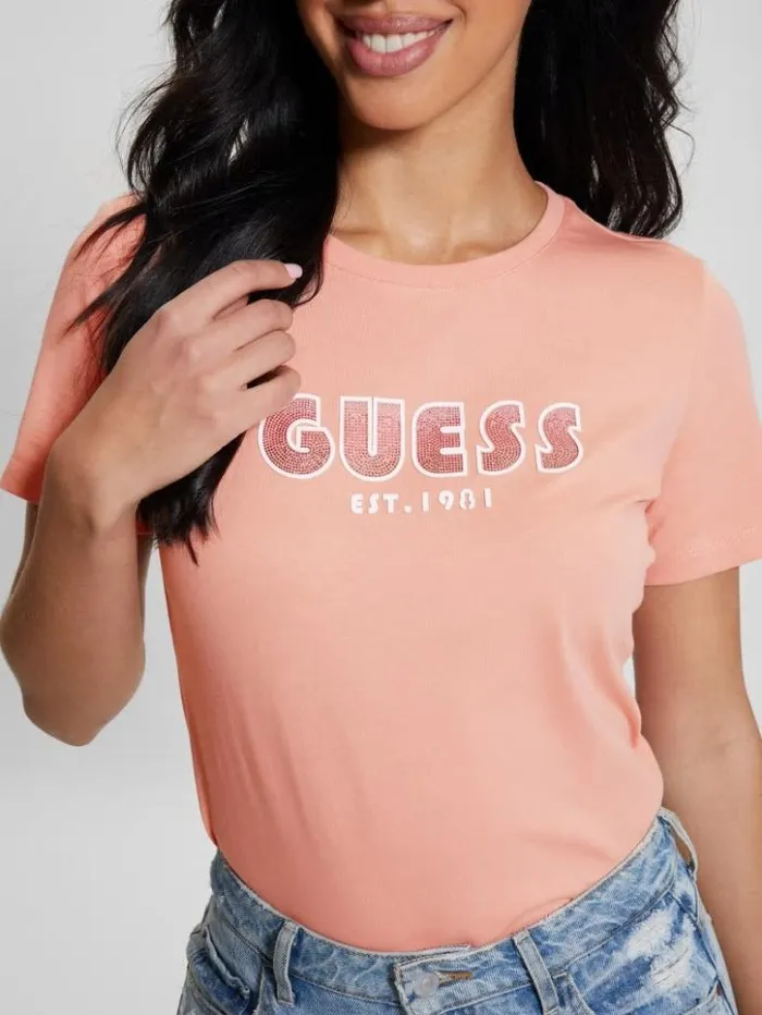 Women GUESS Tops Eco Crewneck Rhinestone Logo Tee Powder Rose
