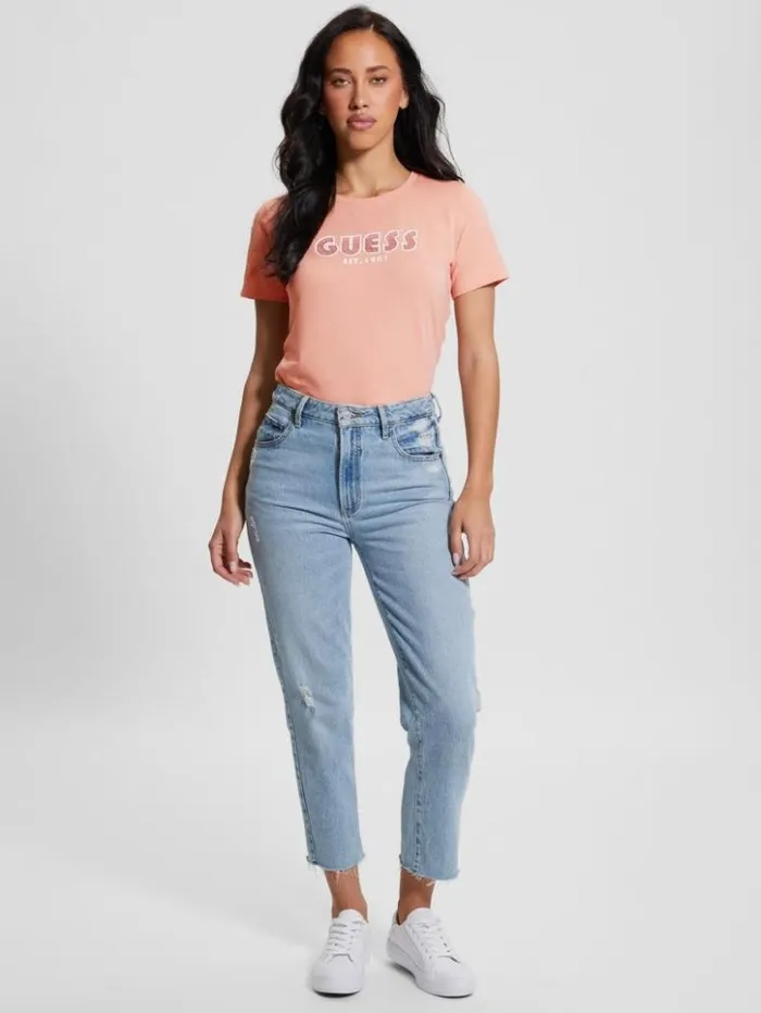 Women GUESS Tops Eco Crewneck Rhinestone Logo Tee Powder Rose