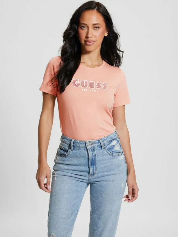 Women GUESS Tops Eco Crewneck Rhinestone Logo Tee Powder Rose