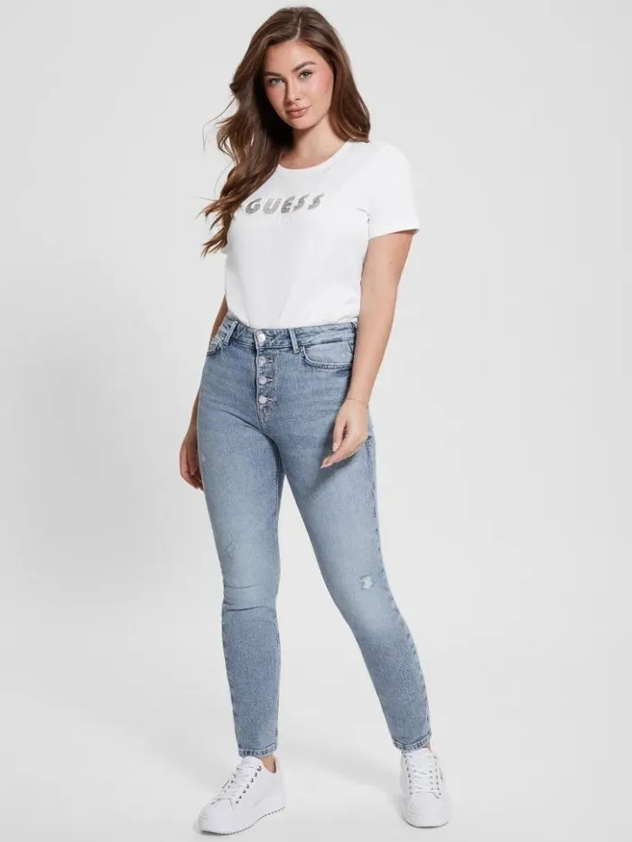 Women GUESS Tops Eco Crewneck Rhinestone Logo Tee Pure White