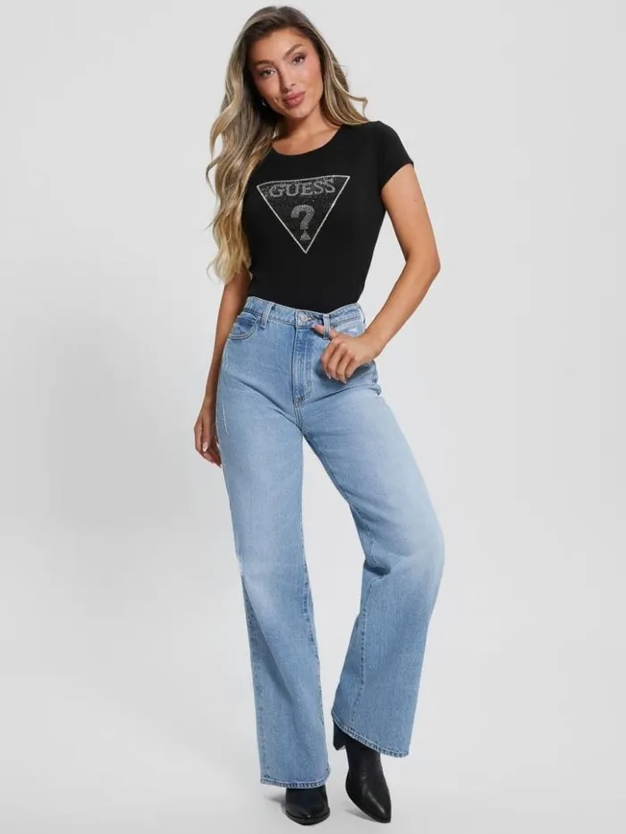 Women GUESS Tops Eco Crystal Triangle Logo Tee Black