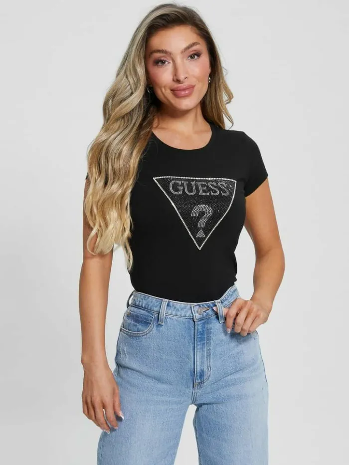 Women GUESS Tops Eco Crystal Triangle Logo Tee Black