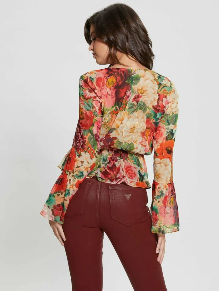 Women GUESS Tops Eco Demi LaceUp Top Peony Animal Print