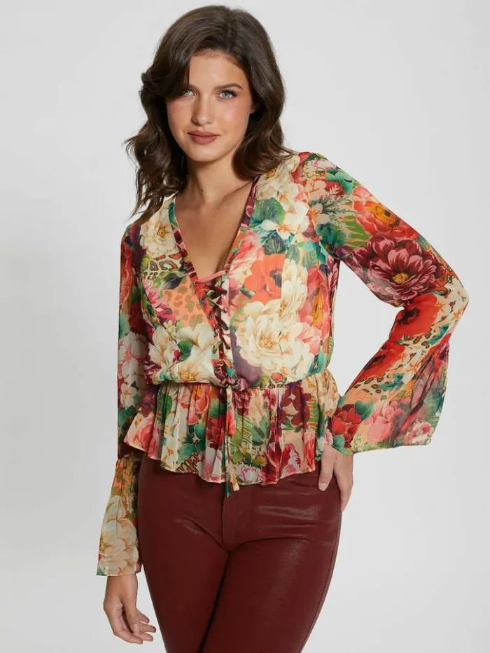 Women GUESS Tops Eco Demi LaceUp Top Peony Animal Print