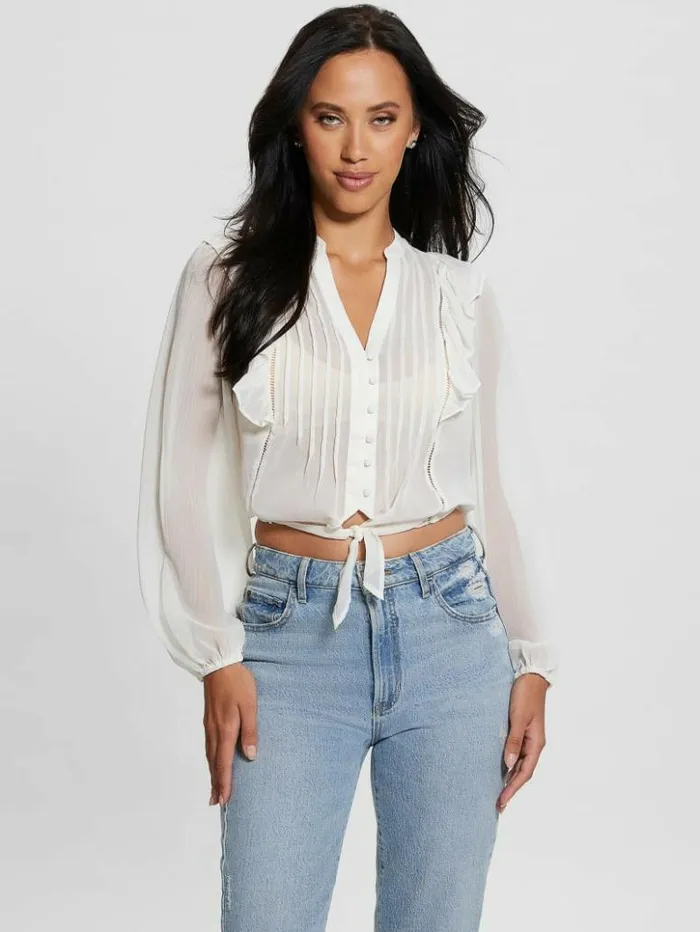 Women GUESS Tops Eco Dionne Chiffon TieFront Top Dove White